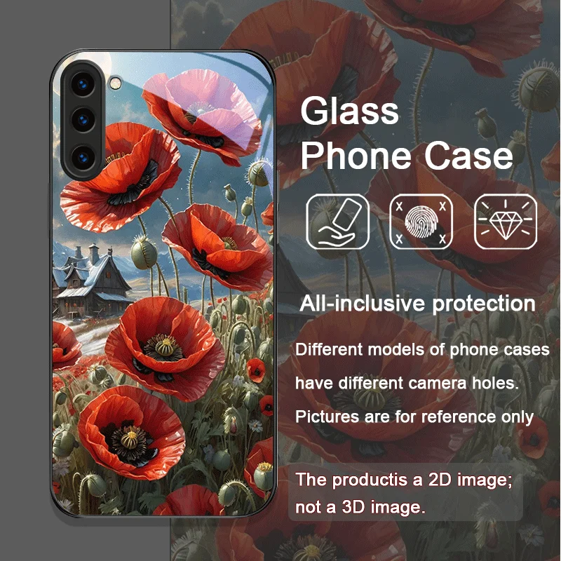 Retro Poppy Flower Bloom Hot Red Printed Tempered Glass Phone Case for Samsung Galaxy S26 S25 Ultra S24 S23 Plus S22 S21FE Cover - view 3