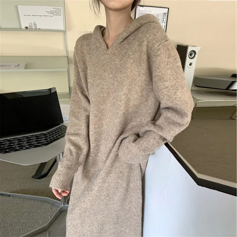 Lazy Chic Hooded Women Dresses Daily Casual Comfortable Long Sleeve High Street Ladies Dress Autumn Winter Clothes E2860