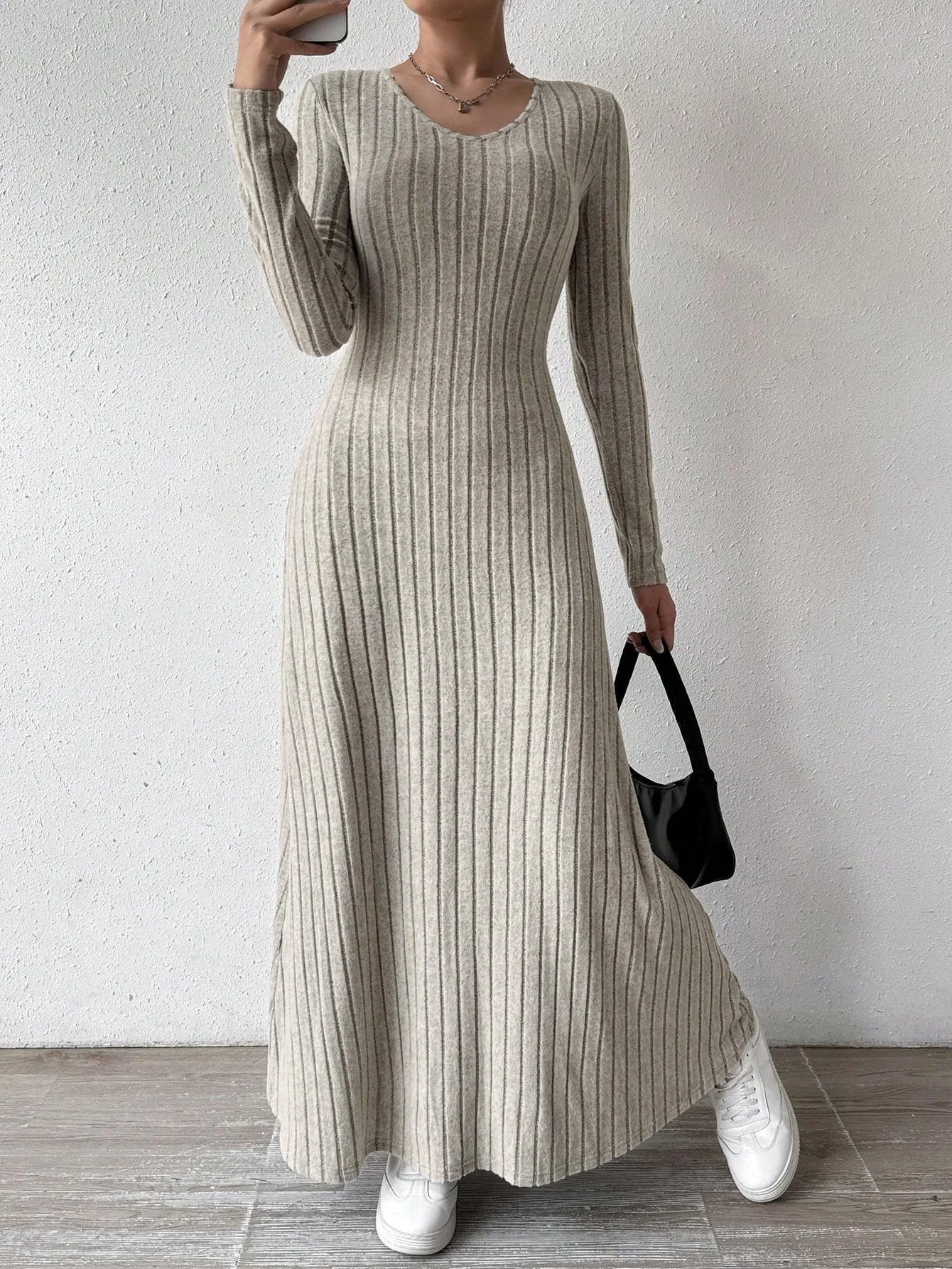 Bodycon Long Sleeve Ribbed Dress - Kadın Dar Kesim Düz Renk Nervürlü