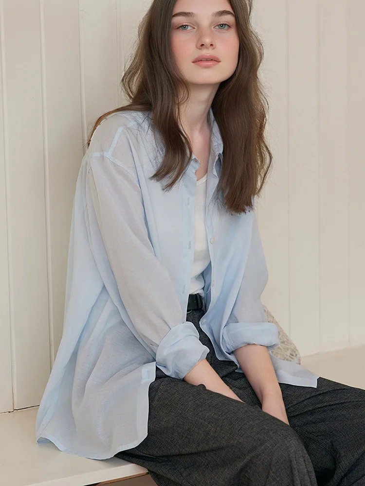 Women Lightweight Lyocell Linen Shirts Spring Summer Turn Down Collar Long Sleeve Loose Cardigan Shirt Tops