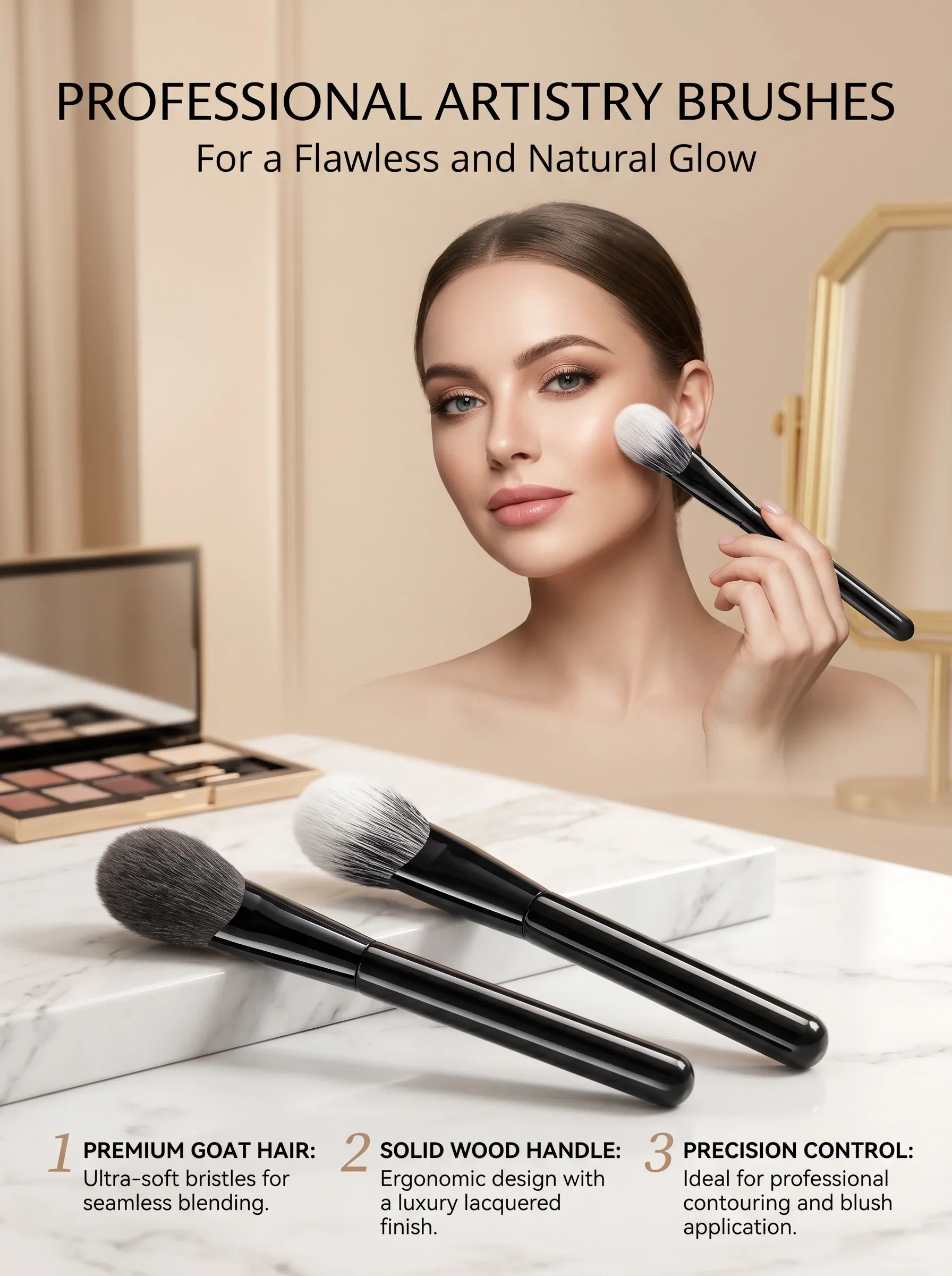 

Professional Goat Hair Makeup Brushes Nail-Shaped Contour Blush Brush Ultra-Soft Bristles Flawless Finish & Wooden Cosmetic Tool