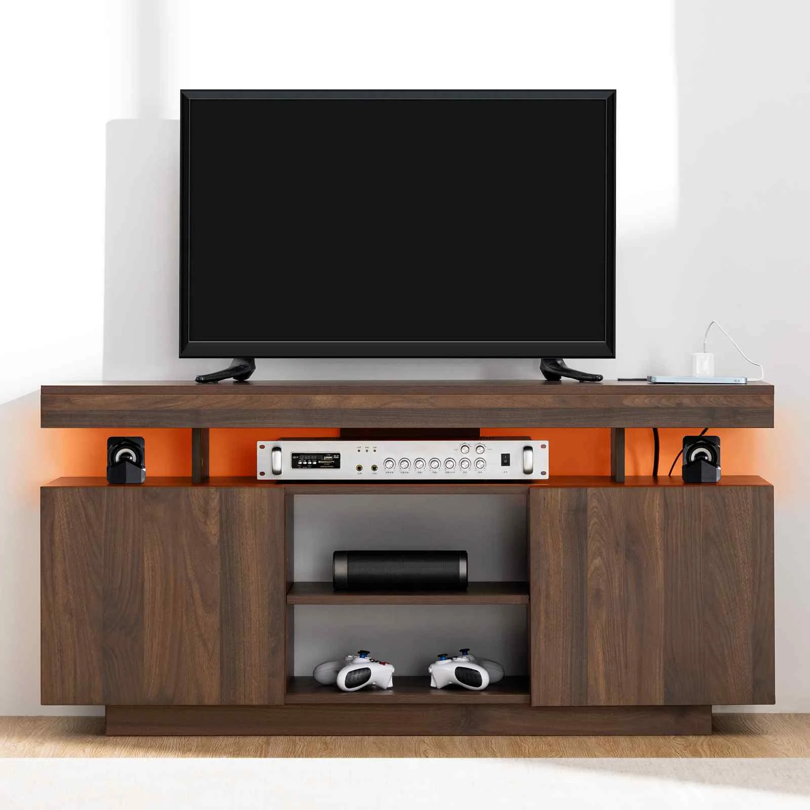 Modern Entertainment TV Stand with 120cm Wide Top and Stylish Cap LED Lights and Power Outlet