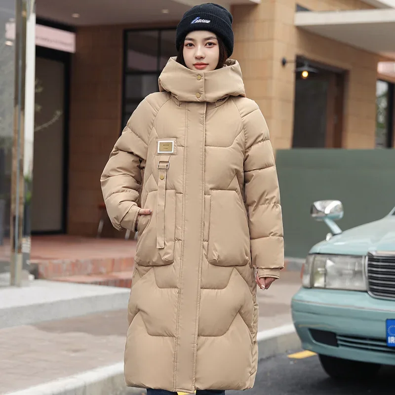 Women'S Long Cotton Padded Down Coat Hooded Winter Jacket Korean Loose Thicken Puffer Quilted Snow Wear Outdoor Jacket Woman