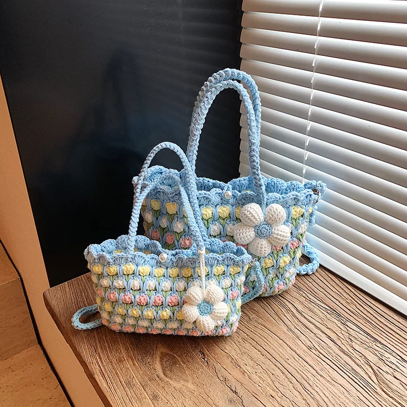 Crochet Crossbody Bag for Women Girl Handmade Color Block Handbag Lightweight Casual Summer Daily Purse