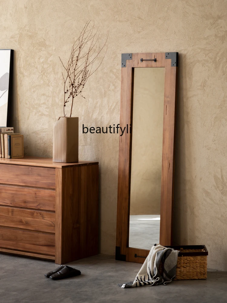 Old Teak Furniture Solid Wood Frame Full-Length Mirror Floor Full-Length Mirror Home Modern Retro