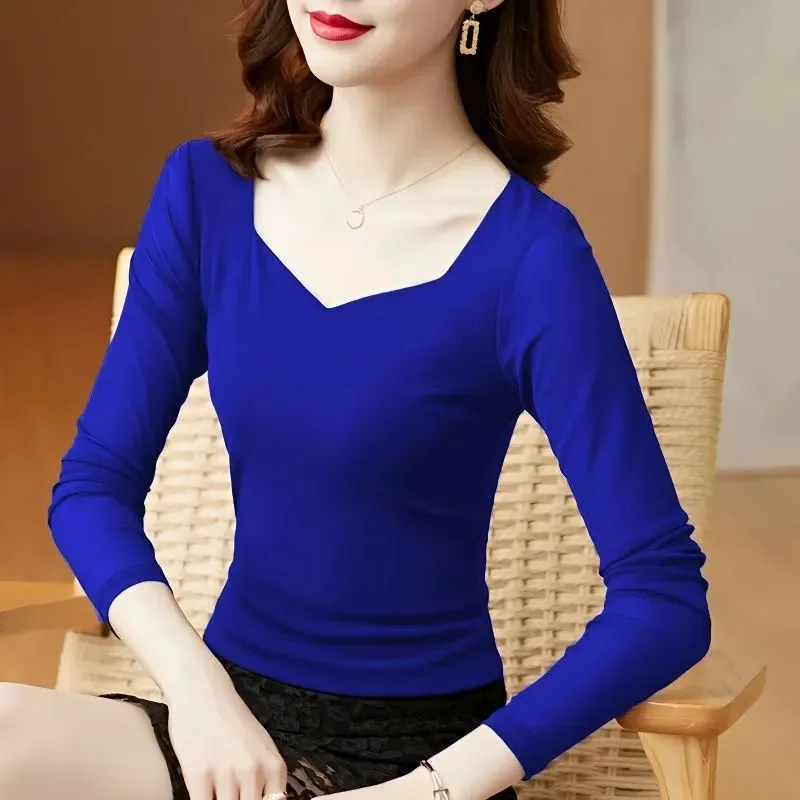 

V-neck Mesh Bottoming Shirt For Women Spring Autumn Long-sleeved New Style Inner T-shirt Simple Gauze Slim-fitting Top