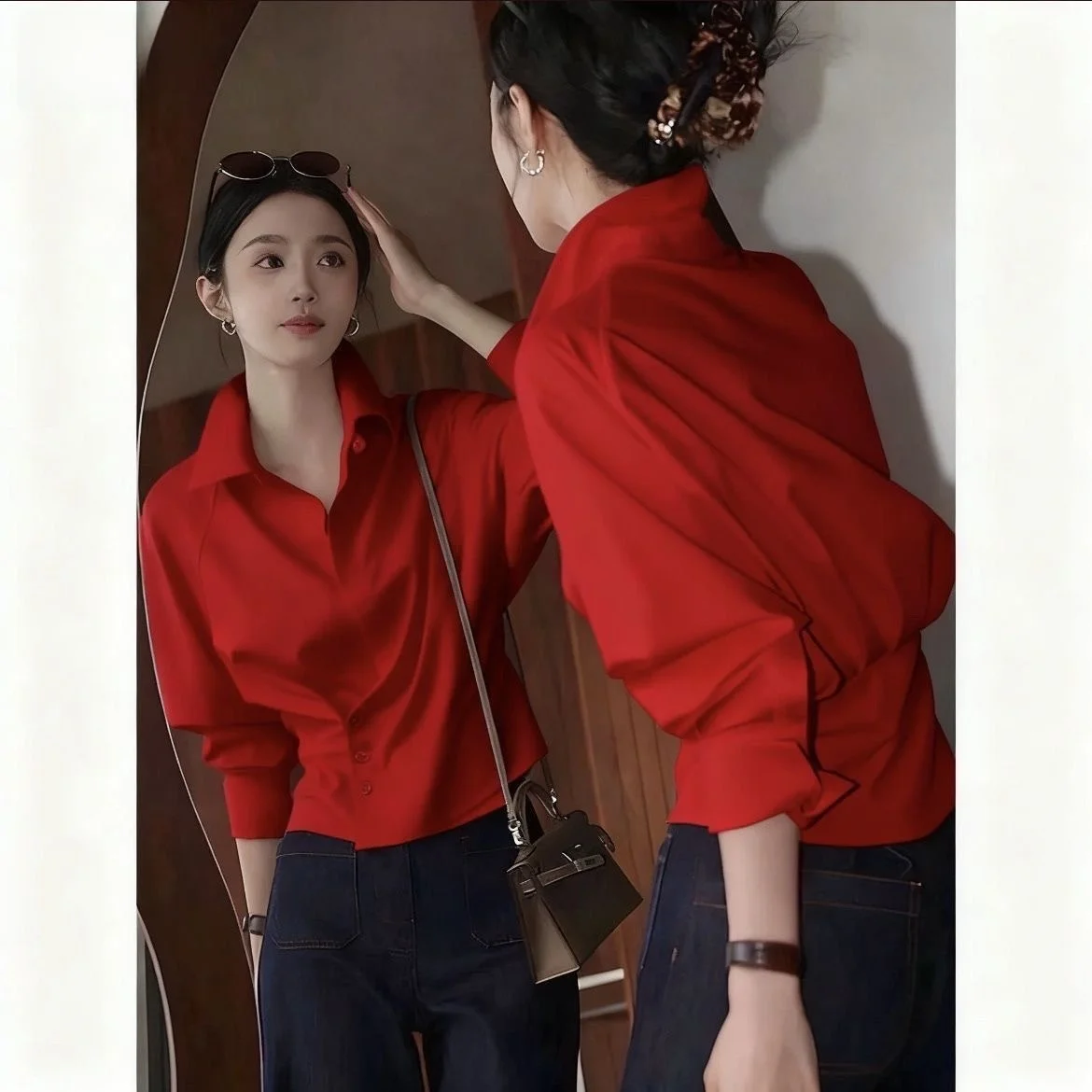 White Long Sleeve Shirt Women's Spring Autumn Design Sense Fashionable Short Style Commute Style Polyester Fiber Shirt