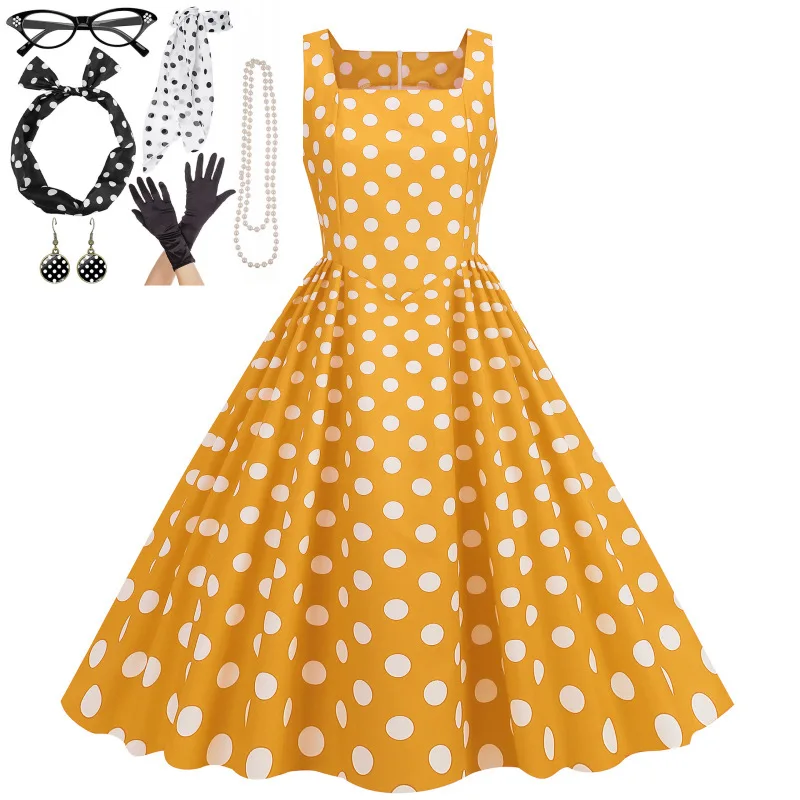 

7pc/set Sleeveless Women A-line Rockabilly Dress Polka Dots Dress with Jewelry Set Hepburn 1950s Retro Vintage Cocktail Dresses