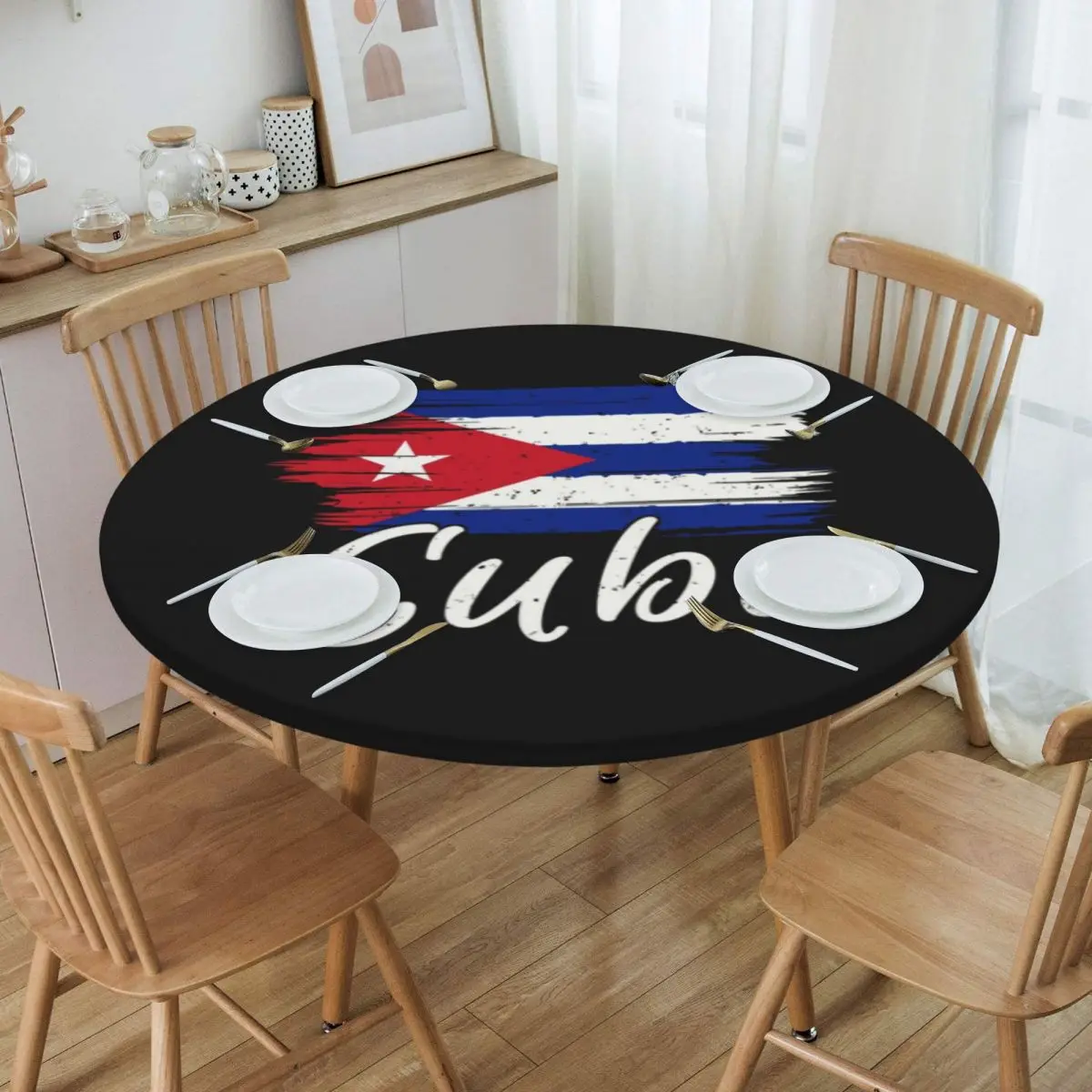 Round Fitted Cuba Cuban Havana Flag Table Cloth Oilproof Tablecloth 40