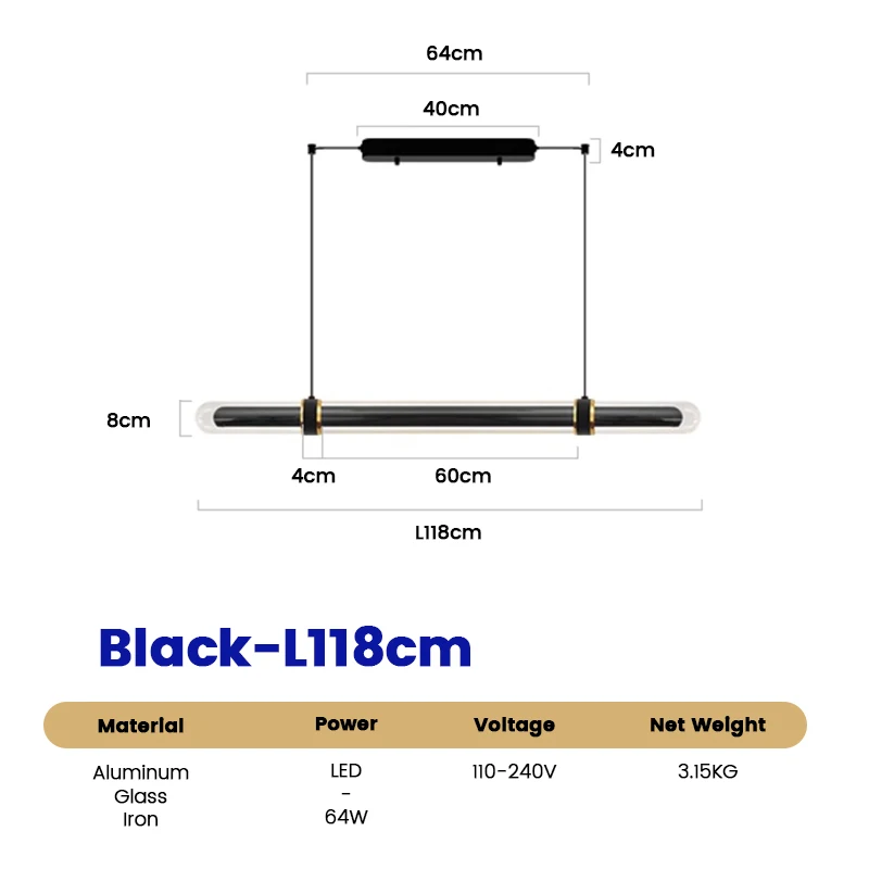 Designer lange glazen buiskroonluchter Luxe lineaire lamp voor eetkamer Zwart Led Moderne minimalistische bar Keuken Leren lamp