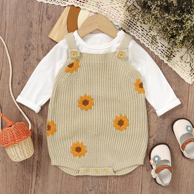 Newborn Baby Bodysuit Knit Infant Boy Girl Jumpsuit Sleeveless Fashion Embroidery Kid Clothing 0-18M Overalls Top Cute Sunflower