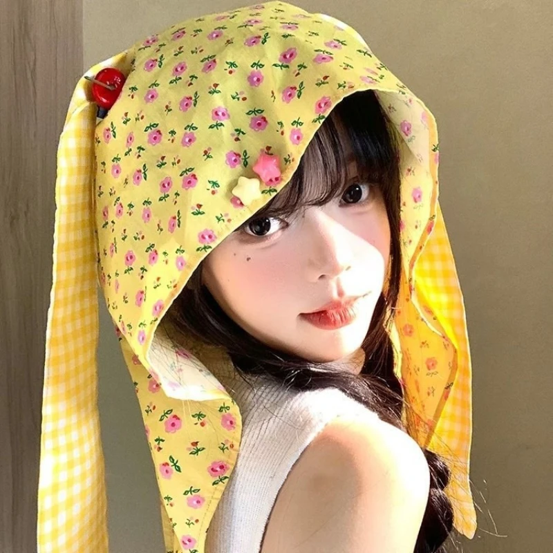 Y2K Floral Bunny Ear Hood Scarf Hat Kawaii Plaid Rabbit Ear Windproof Bonnet Cap for Women Girls Streetwear Daily Party