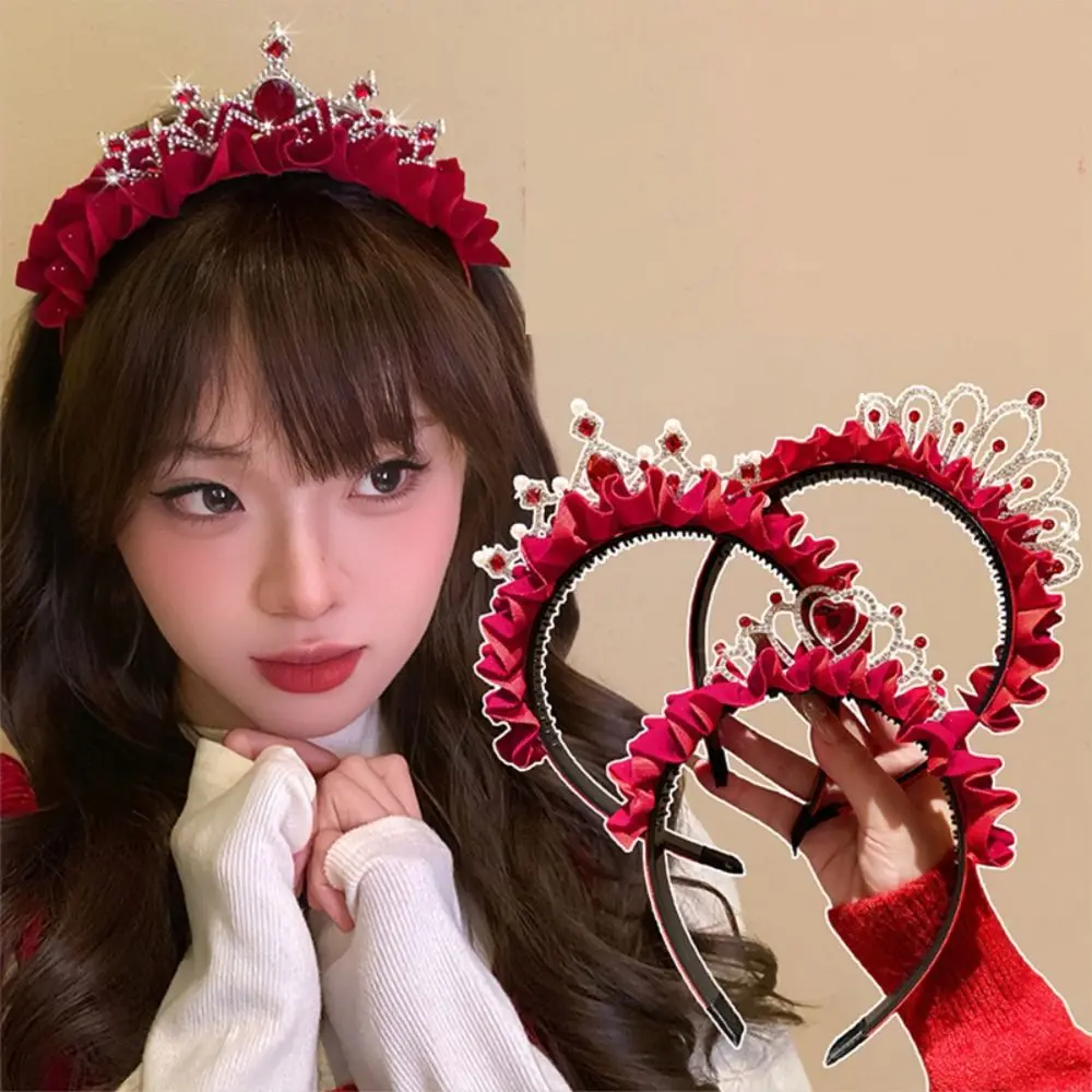 

Милый ободок для волос, новогодняя повязка на голову, кружевная корона принцессы с цирконами, аксессуары для волос, украшение для волос с камнями, новогодний красный головной убор для детей