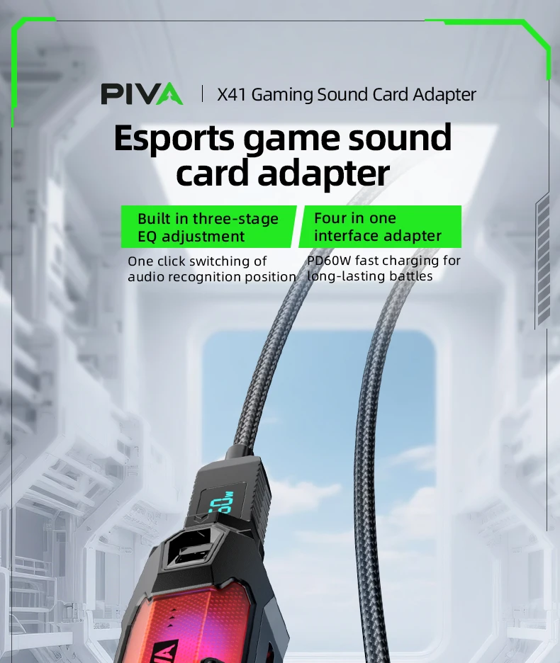 PIVA 4 in 1 Game Sound Card Adapter Docking Station Type-C PD60W DAC 32bit/384kHz 3.5MM USB2.0 3-stage EQ Tuning RGB for PUBG