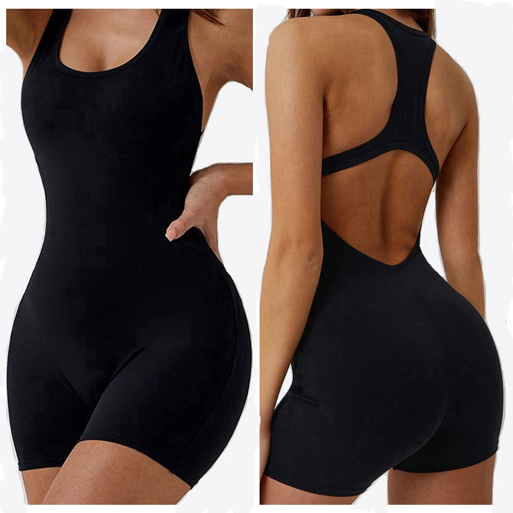 

Women Playsuits Yoga Low Neck Slim Fit Short Jumpsuits Stretch One Piece Romper Sleeveless Sexy Fitness Solid Female Sportwears