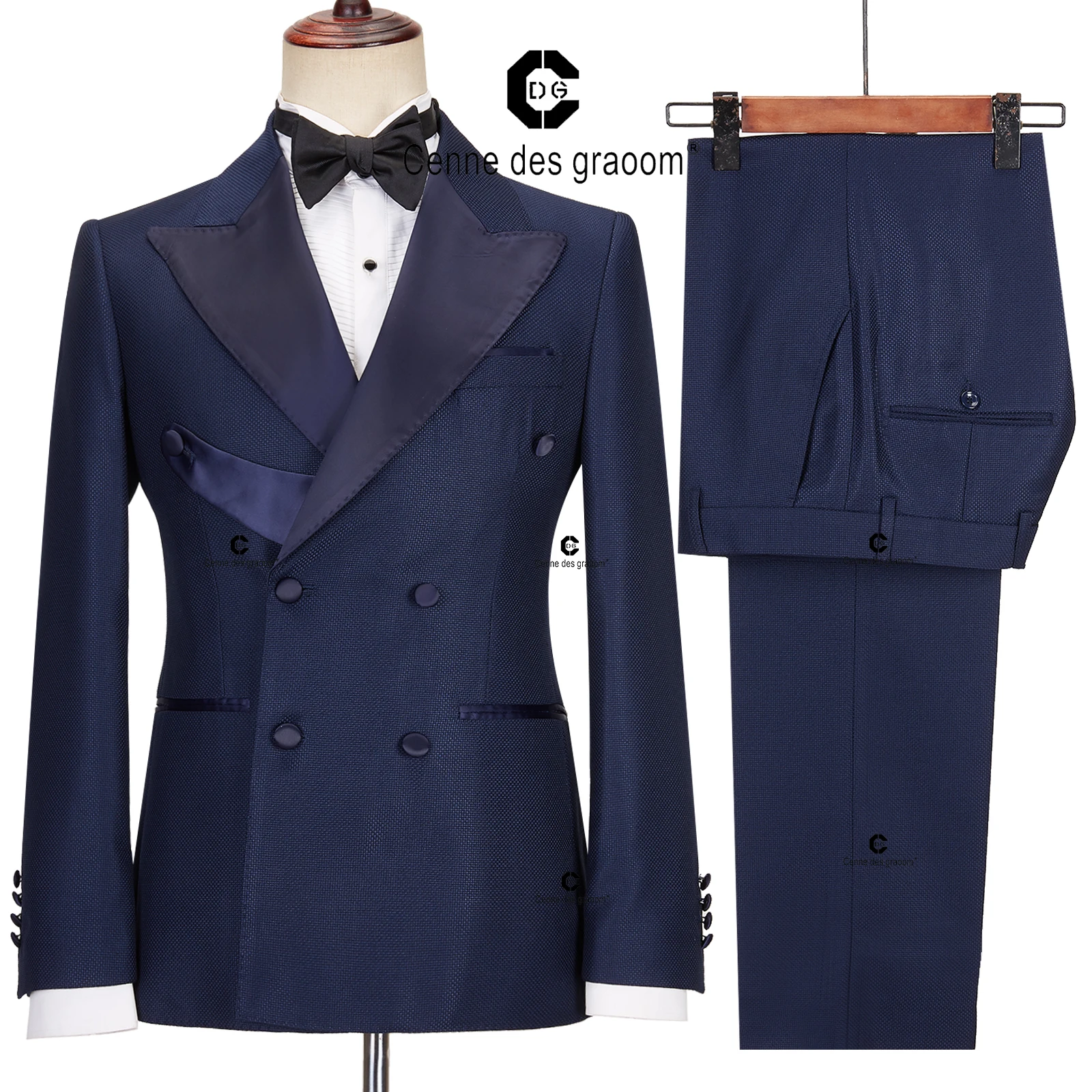 Cenne Des Graoom 2024 New Elegant Blue Tuxedo Suits for Men Double Breasted Satin Collar Jacket Pant 2 Pcs Set Wedding Evening