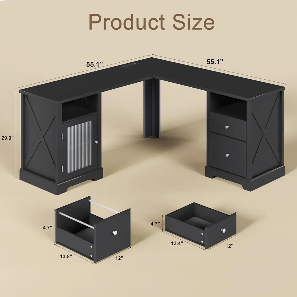 Farmhouse L Shaped Desk with Drawers & Storage Shelf, Home Office Desk with Storage Cabinet, Executive Corner Computer Desk