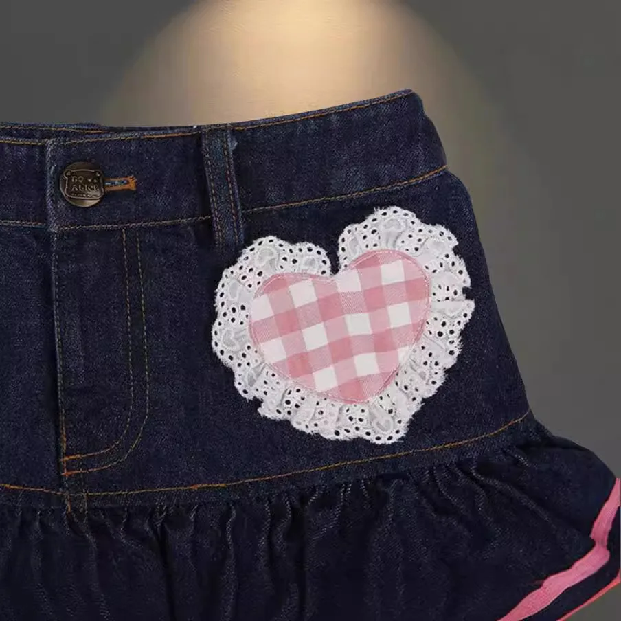 Preppy Style Lolita Kawaii Skirts Japanese Sweet Mini Women Harajuku Cute Ball Gown Denim Skater Y2K High Waist Lace Cake Skirts