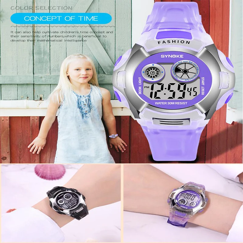 Synoke-relojes digitales para niño y niña, cronógrafo Led con luz colorida, resistente al agua hasta 50M, despertador deportivo