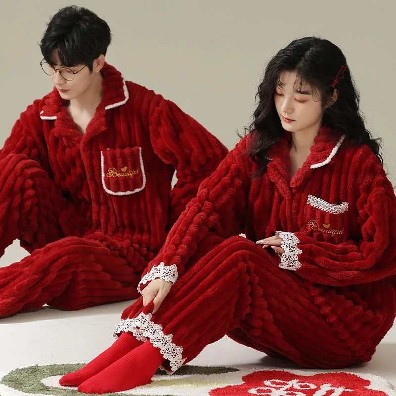 2023 New Coral Velvet Couple Pajamas Newlywed Women Men Autumn Winter Loungewear Plush Red Wedding Plush Thickening Set Homewear