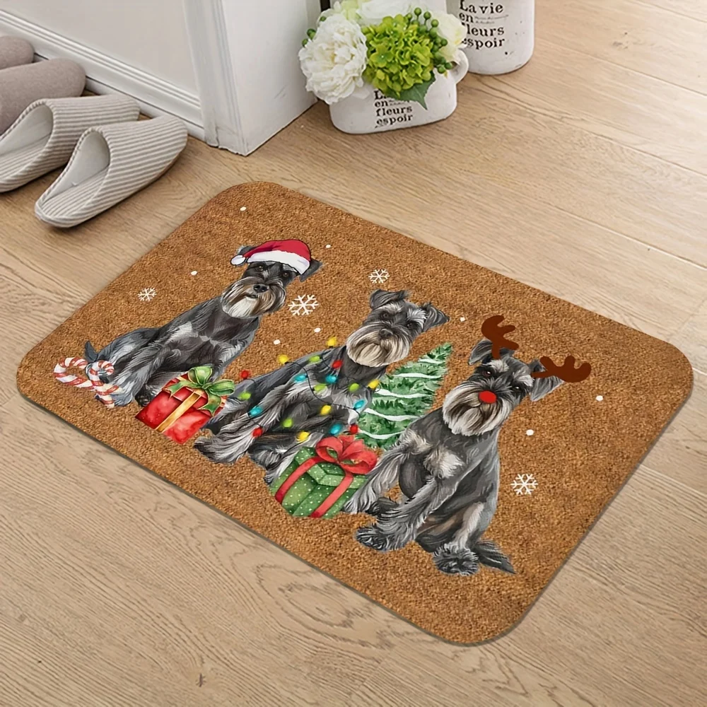 VIKAMA Holiday Mini Schnauzer Christmas Doormat - Soft Plush, Anti-Slip Absorbent Carpet, Bathroom Carpet, Home Decoration