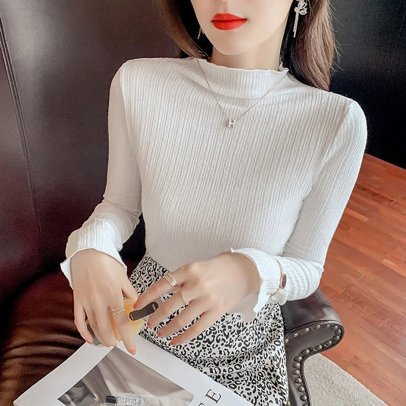 

Fce Lined Knitted Long Sve f High Collar T-irt Women's Base Layer Top Warm Versatile Commute Sle Korean Fit