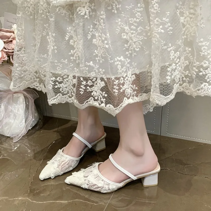 

Plus Size Women's New Mesh Slip-on Wrapped-Head Sandals Two-Wear Pointed Toe Thick High-Heeled Slippers