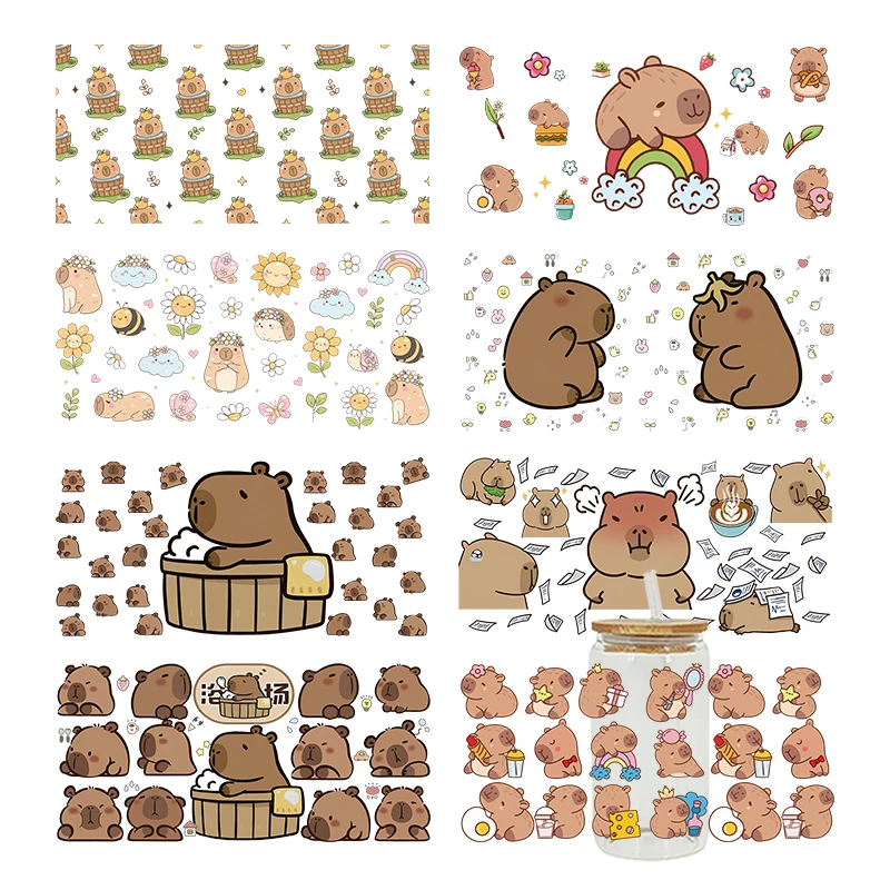 Мультяшный милый дизайн капибары, УФ-переводные наклейки DTF, обертка чашки Libbey, утюг для стекла, 16 унций, D30231