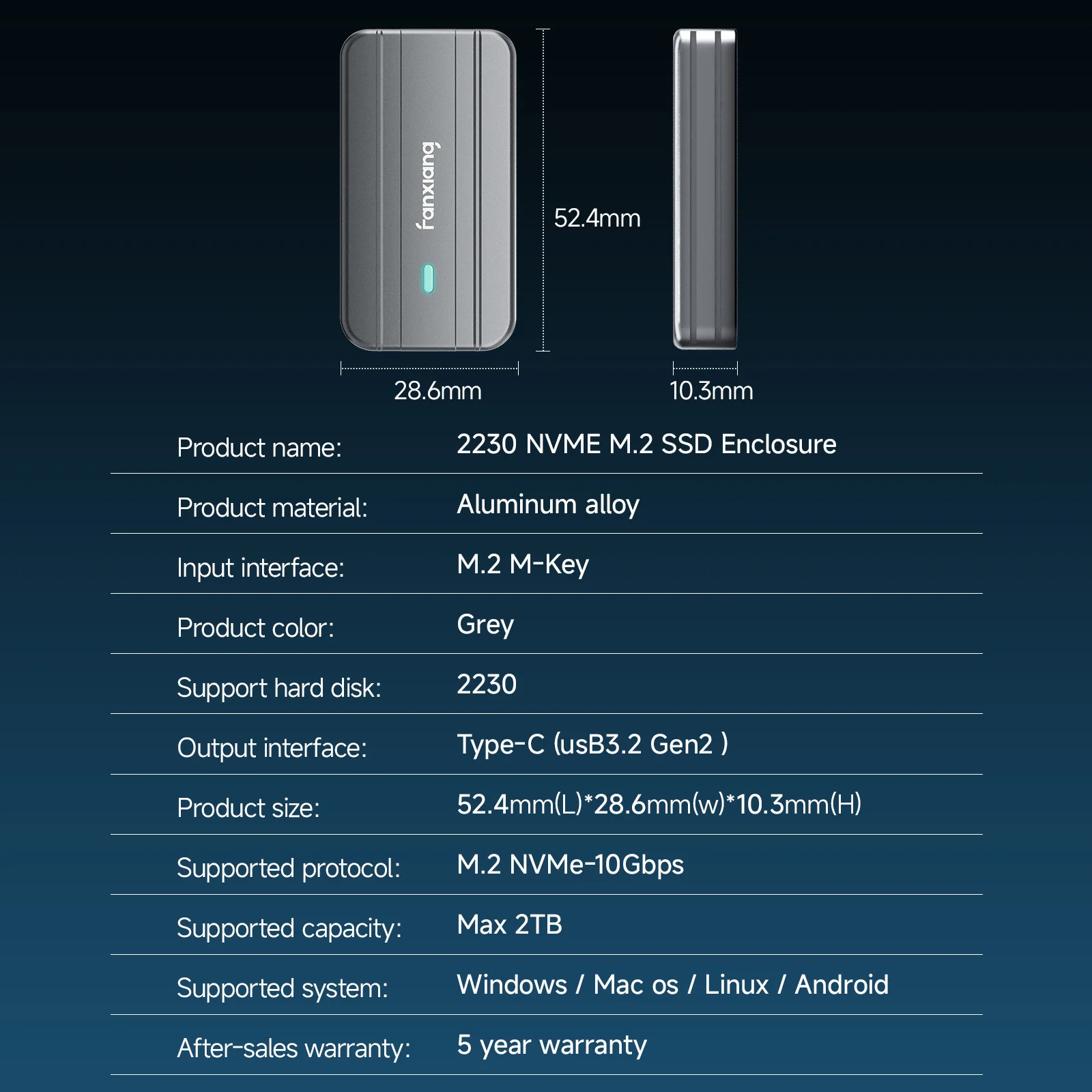 Корпус Fanxiang MP83 USB 3.2 Gen 2 SSD 10 Гбит/с M.2 NVMe PCIe — USB-адаптер/считыватель, поддержка клавиш M, B&M/2230 SSD
