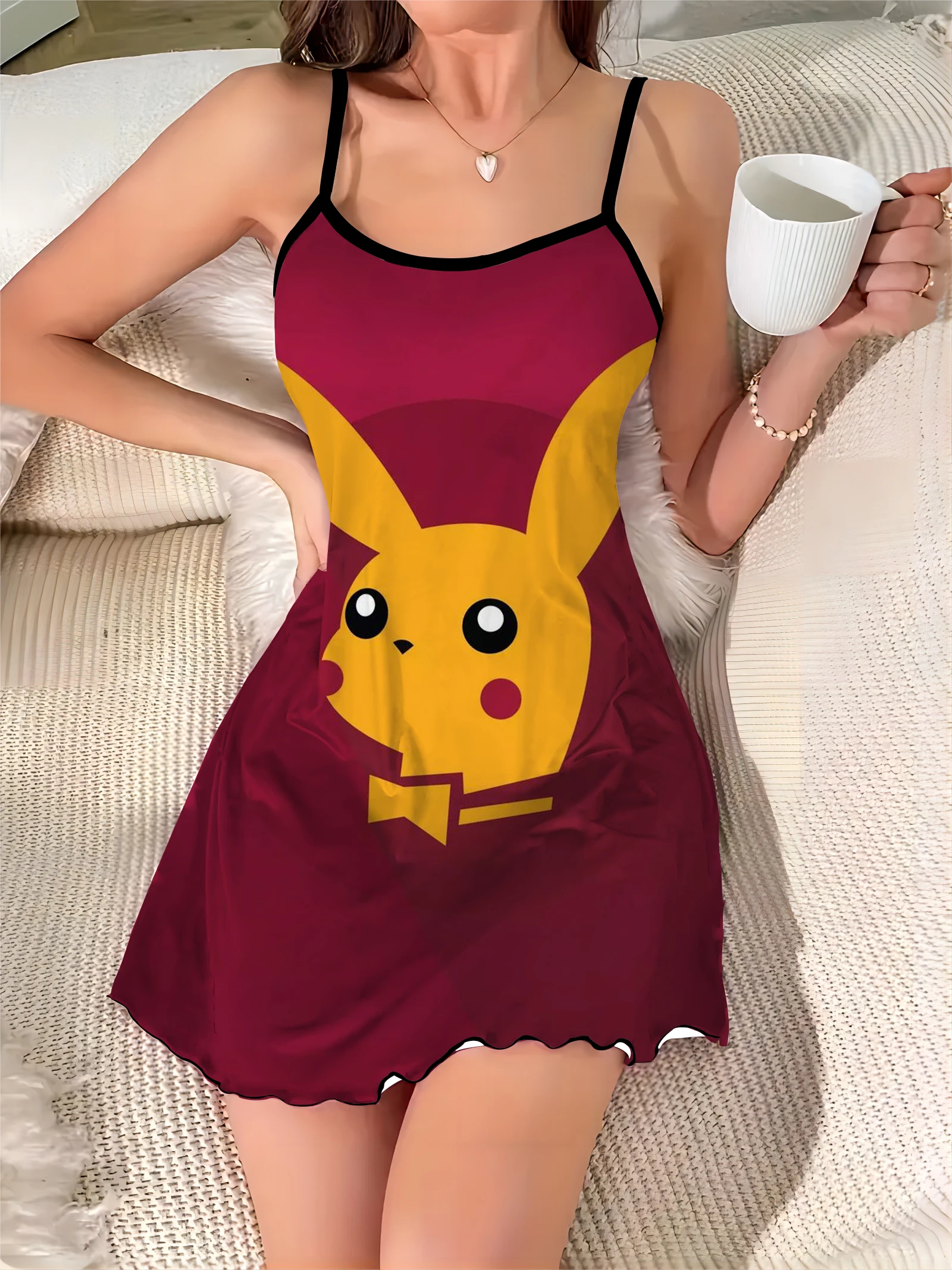

Crew Neck Lettuce Trim Summer Dresses for Women Home Dress Pajama Skirt Satin Surface Pikachu Pokémon Fashion 2024 Elegant Mini