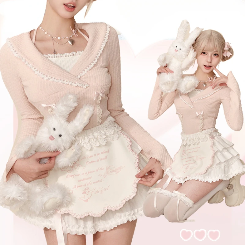 2024 Autumn Vintage Lolita Style 2 Piece Set Women Sweet Knitted Blouse Tops +Y2k Princess Mini Skirt Female Korean Elegant Set