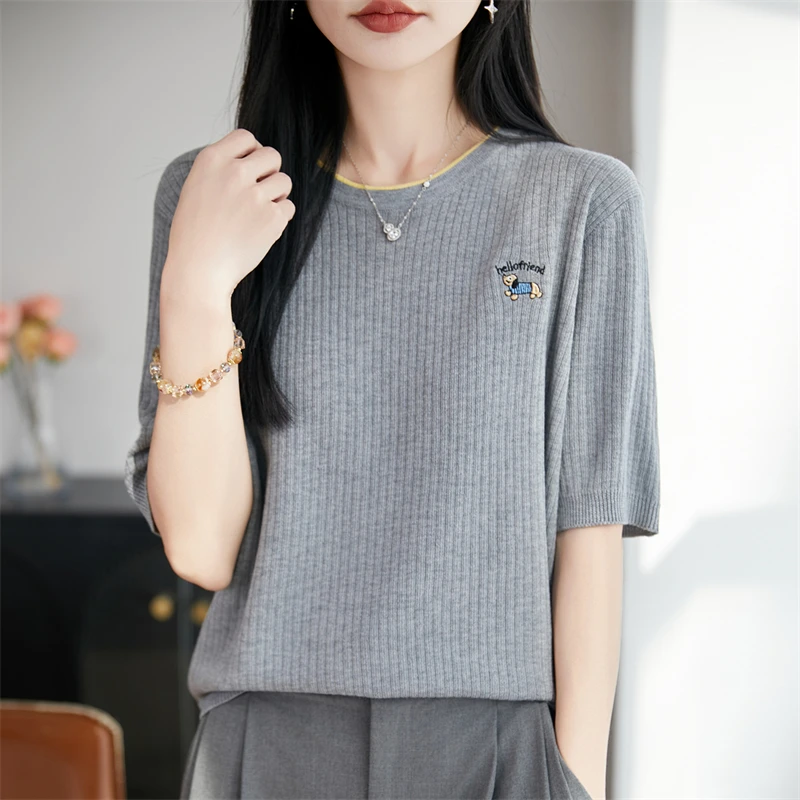 Summer new women's O-neck knitted T-shirt casual embroidery jacquard women's pullover short sleeved loose fashion hot selling