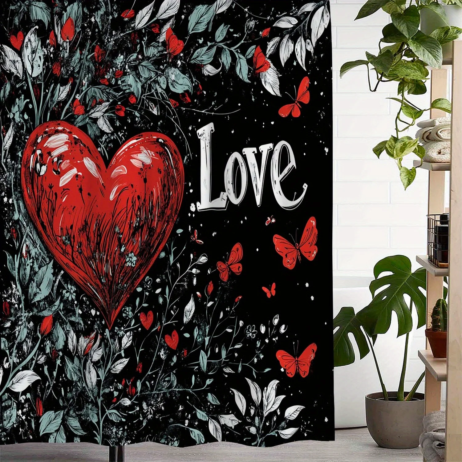 Valentine's Heart & Butterfly Shower Curtain - Black Background, White Flowers, Red Hearts, 12 Hooks, Waterproof Polyeste