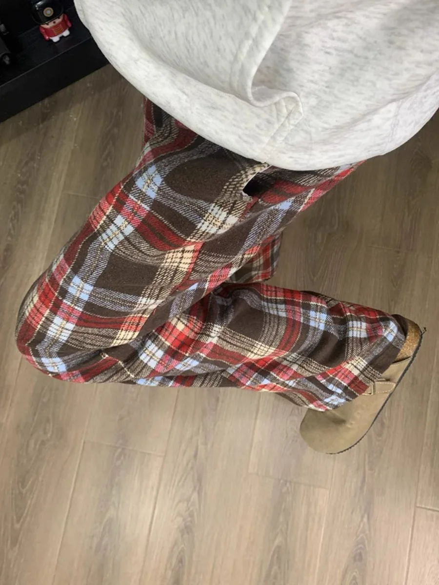 

American Retro Red Color Blo Plaid Loose Leggings Men's Women's Draped Casual Pants Wide Leg Floor Length Trousers