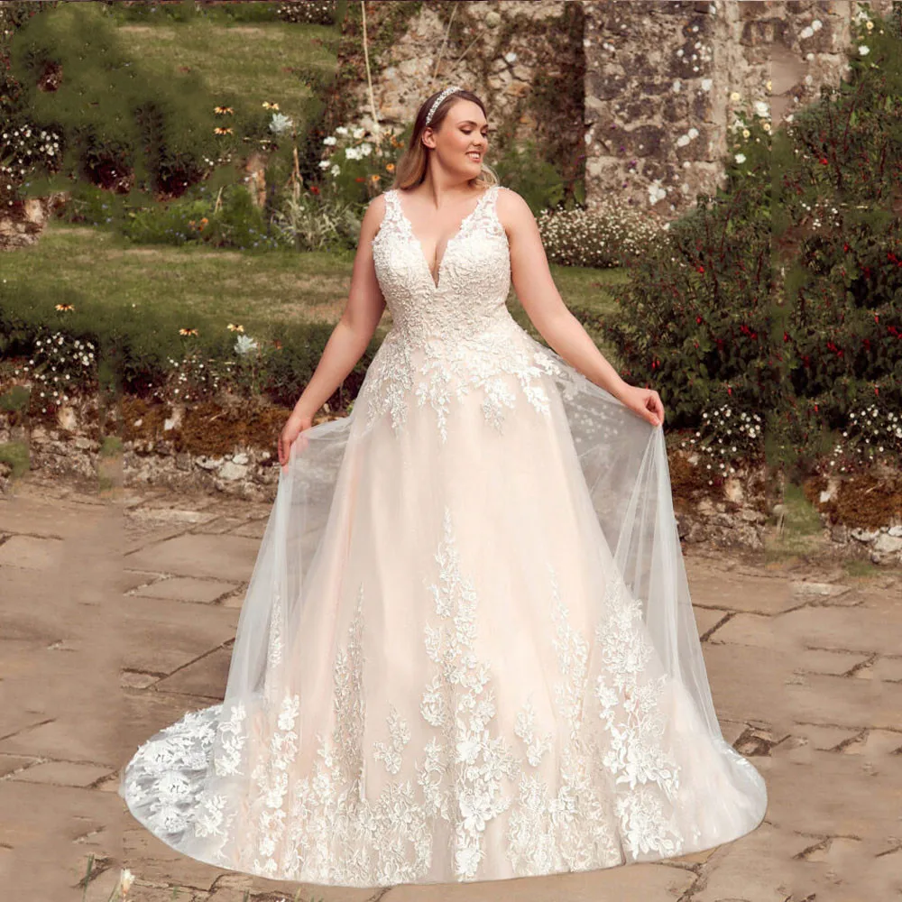 

Flavinke Classic Plus Size V-Neck Wedding Dresses 2024 Sexy Sleeveless A-Line Bride Gowns Appliques Tulle Vestidos De Novia