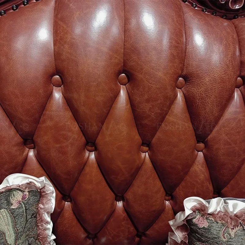 Hot Selling European Luxury Classic Carved Solid Wood Frame Leather Bed French Antique Royal Bedroom Furniture Single Double Bed view 4