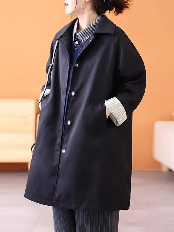 

Loose Long Sve Collar Windbreaker Jaet Korean Sle Casual Classy Women's Clothing Label Removed Medium Length