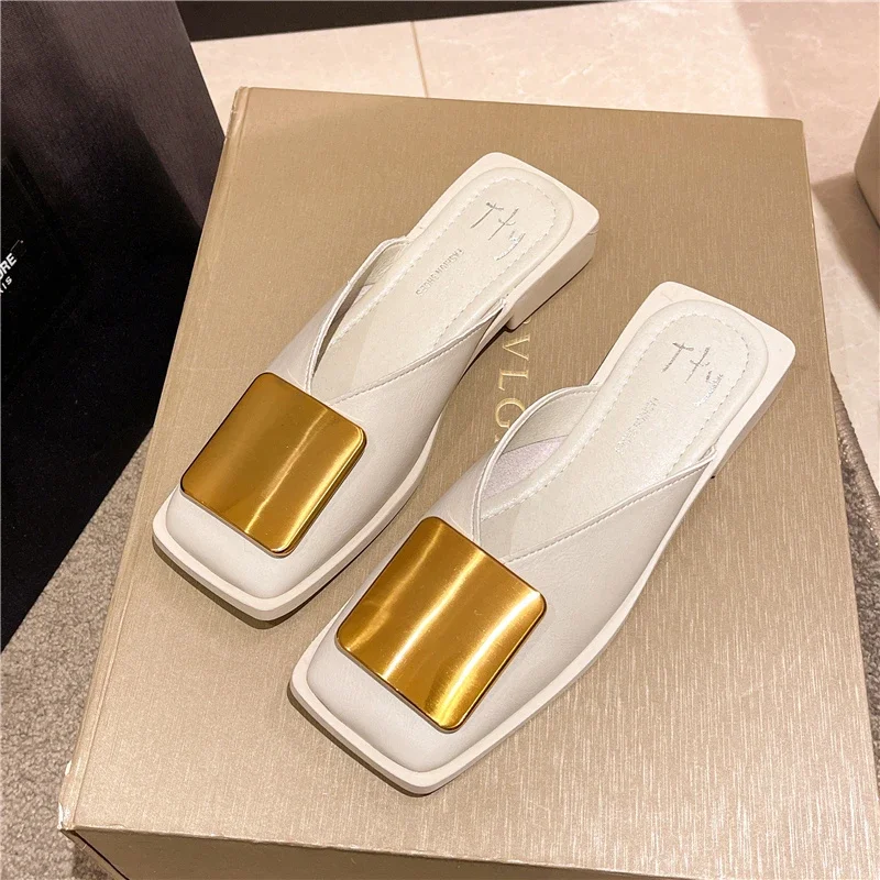 Brand Designer Women Slippers Fashion Metal Buckle Mules Flat Heels Square Toe Shallow Shoes Outdoor Slide Female Casual Sandal