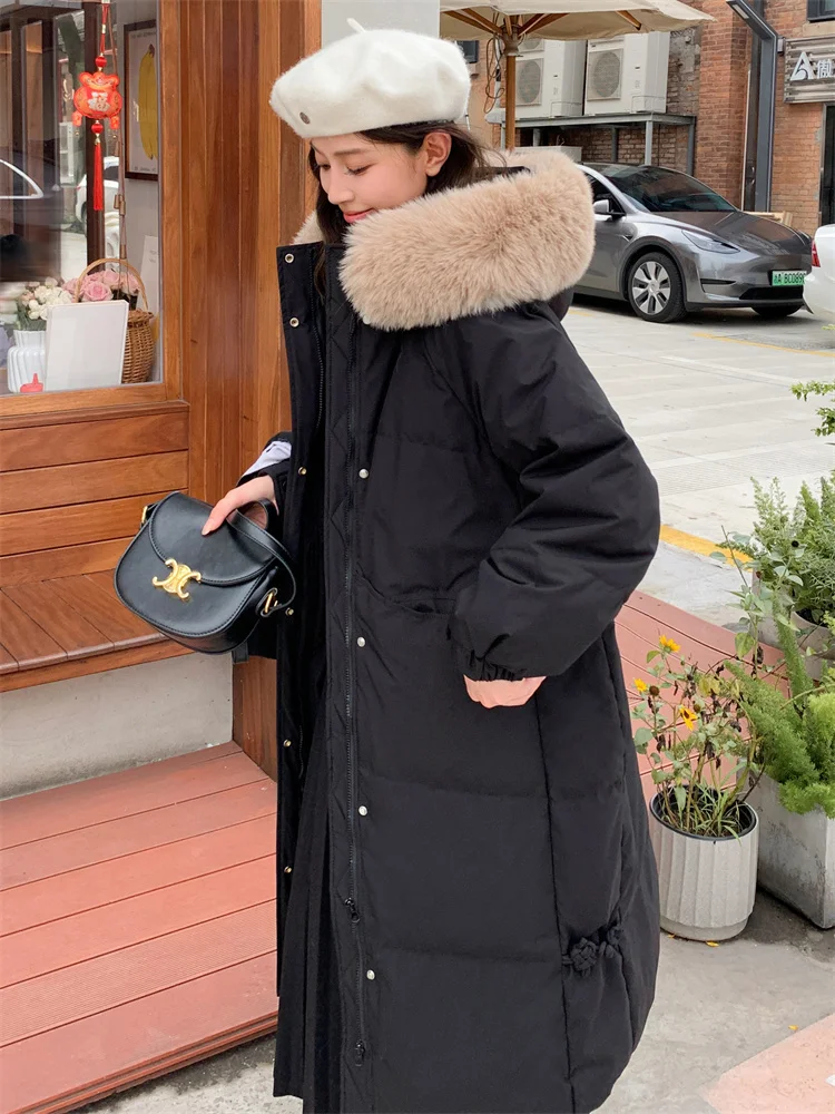 Down Jacket Women Long Length Detachable Fox Fur Collar Hooded 2024 New Winter Waterproof Thermal Goose Down Down Jacket