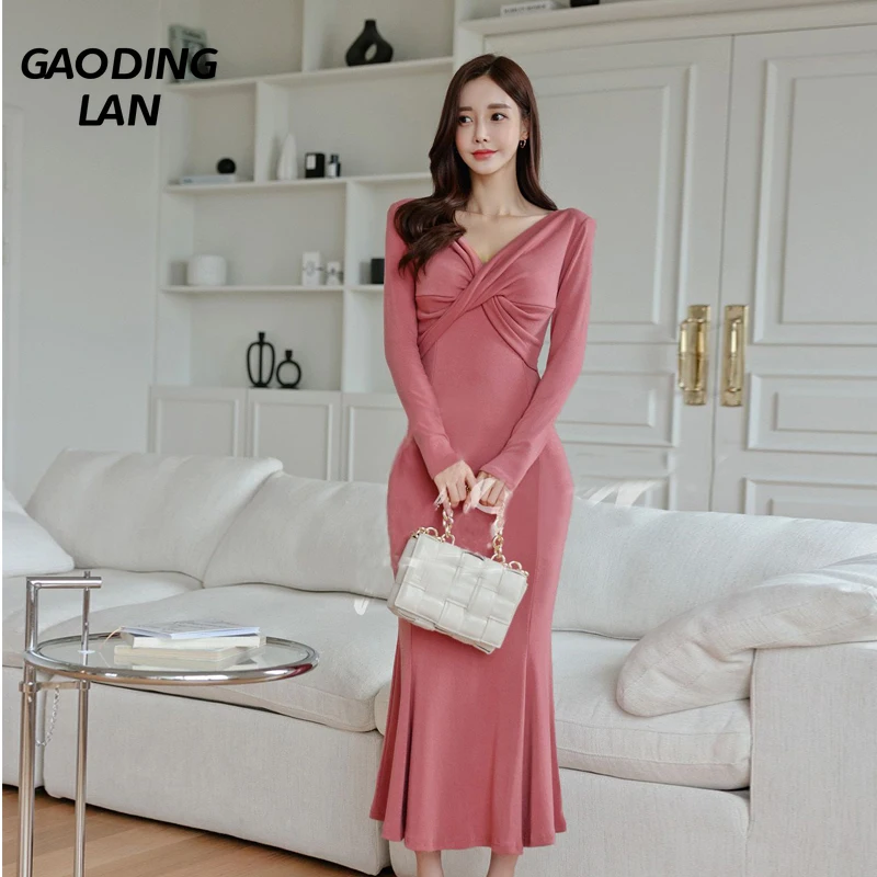 

GAODINGLAN Sweet Loli Cross Deep V Neck Women Sanding Long Dress Autumn Winter Long Sleeve Temperament Hip Wrap Fishtail Dresses