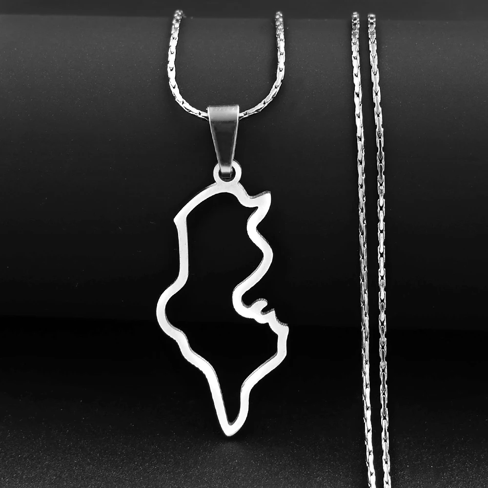 Hollow Minimalist Tunisia Map Pendant Necklace for Men Women Stainless Steel Gold Silver Color Tunisian Geography Chain Jewelry