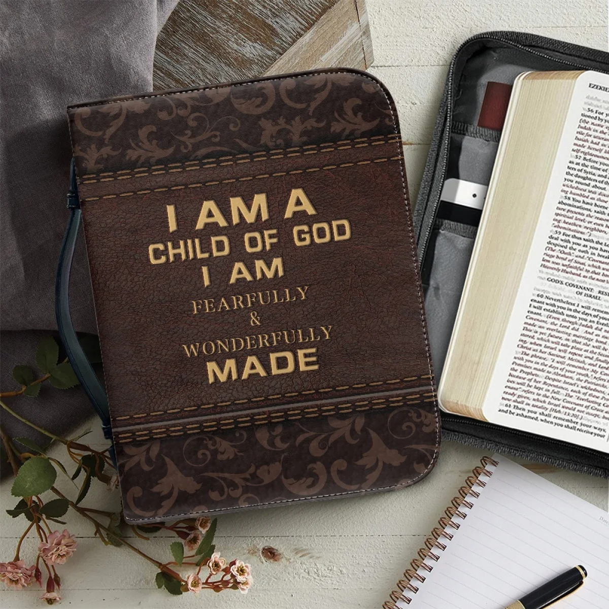 

FORUDESIGNS Luxury Leather Bible I Am A Child Of God Bible Bag for Women Handbag Church Bible Carrying Case Exquisite Bible