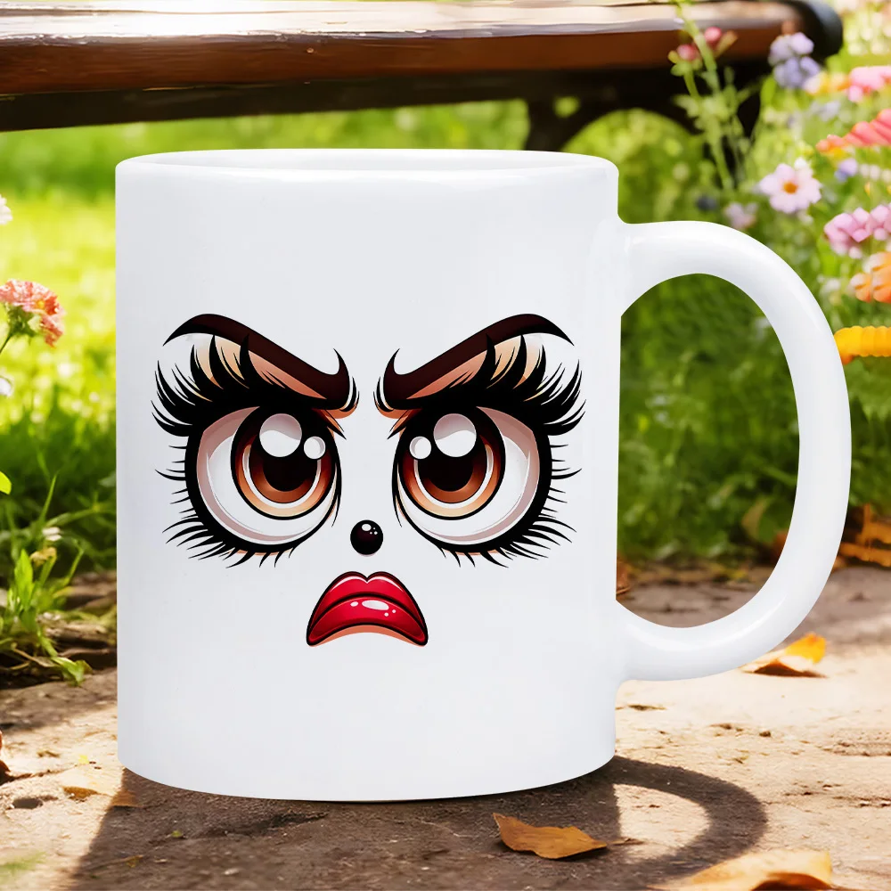 Halloween Gift Pouty Angry Cartoon Pattern 11oz Ceramic Mug Insulated Reusable Coffee Cup Funny Face Print for Women Girls Birth