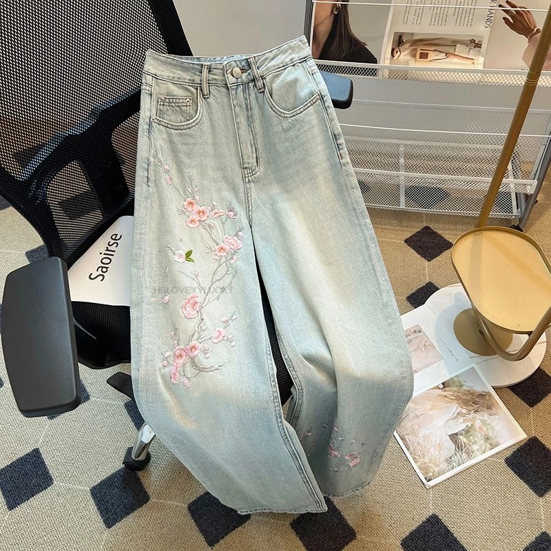 

Summer New Arrivals Chinese Style Embroidery Floral wide-leg Pants Washed Straight Denim Pants For Women Trousers