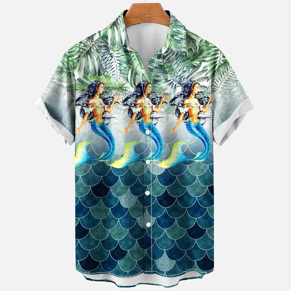 Vintage Mermaid Art 3d Digital Print Pattern Men\'s Shirt Retro Hawaiian Shirt Man Street Short Sleeve Top Loose Shirt Male Tops