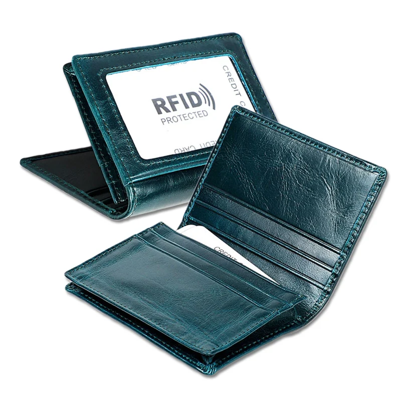 Unisex Genuine Leather ID Credit Card Holder Men Women RFID Blocking Business Card Wallet Case Fashion Blue Anti Rfid Cardholder