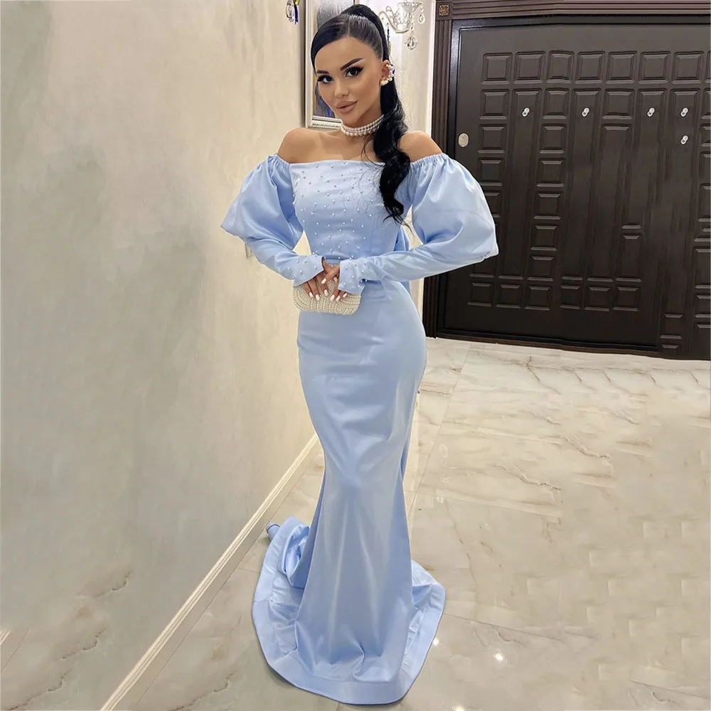 

Pleats Boat Neck Beadings Bow Mermaid Women Evening Dresses Off The Shoulder Backless Lantern Sleeve Sweep Train Prom Gowns