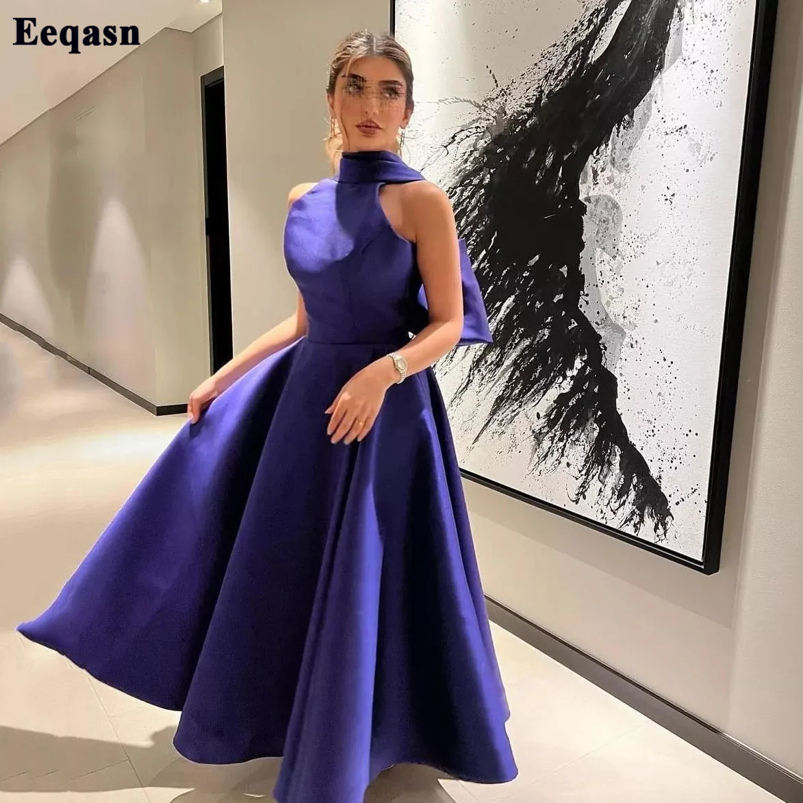 

A Line Halter Saudi Arabic Long Prom Dresses A Line Satin Bow Formal Dubai Evening Gowns Special Wedding Guest Dress For Women