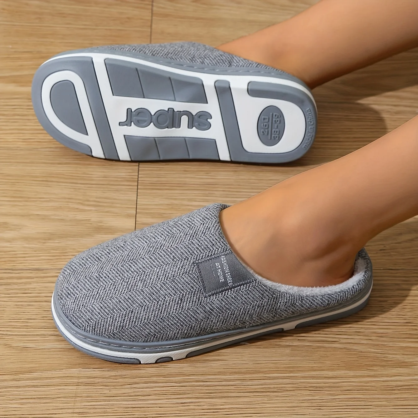 ZUOFU Unisex Fischgrätmuster Graue Große Größe Retro Flache Hausschuhe, TPR-Sohle Bequeme Modische Trendige Freizeitschuhe für Drinnen – Detail 2