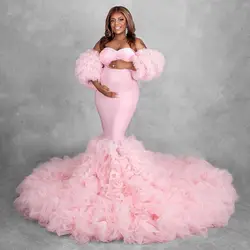 Mermaid Pink Robe Maternity Dress for Baby Shower Puffy Sleeves Ruffled Photo Shoot Vestiti Sposa Pregnant Women Customized Gown